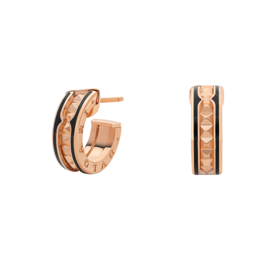 <MAGIC>ZERO 1 ROCK PINK GOLD EARRINGS WITH STUDDED SPIRAL AND BLACK CERAMIC