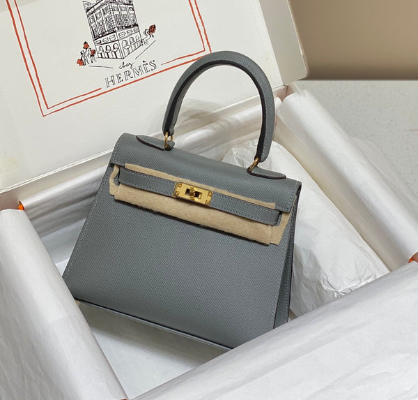KELLY MINI 20 BAG IN SHARK GRAY CALFSKIN WITH GOLD HARDWARE (MADE-TO-ODER)