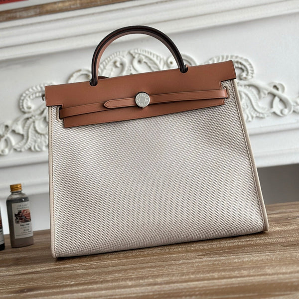 ZIP CABINE 31 BAG IN PALE GRAY CANVAS AND BRONZE BROWN CALFSKIN