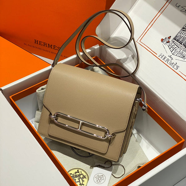 HM ROULIS 18 MINI BAG IN LIGHT BROWN CALFSKIN SILVER-TONE HARDWARE
