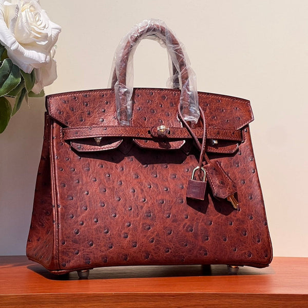 KELLY SELLIER 25 BAG IN BERRY RED OSTRICH LEATHER WITH GOLD HARDWARE (MADE-TO-ODER)