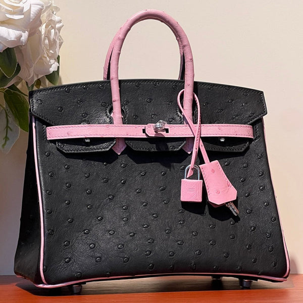 KELLY  SELLIER 25 BAG IN BLACK MIX BABY PINK OSTRICH LEATHER (MADE-TO-ODER)