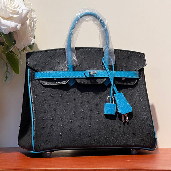 KELLY  SELLIER 25 BAG IN BLACK MIX OCEAN BLUE OSTRICH LEATHER (MADE-TO-ODER)
