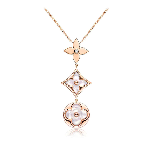 <MAGIC>COLOR BLOSSOM LARIAT NECKLACE PINK GOLD WHITE MOTHER PEARL AND DIAMOND